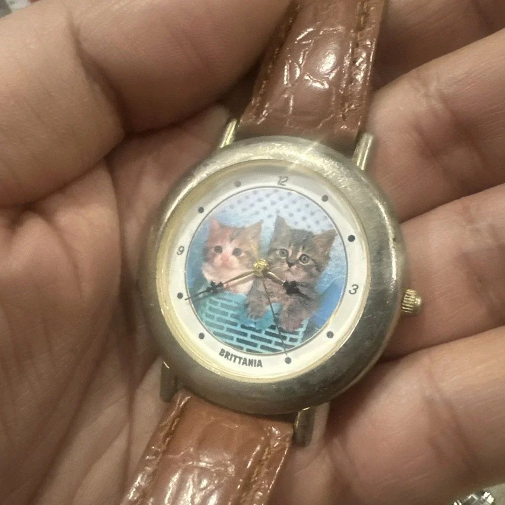 Working Vintage Brittania Cat Wristwatch 38.5mm Brown Leather Unisex Quartz Rare